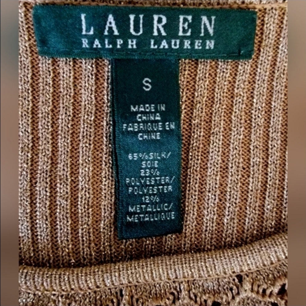 Lauren Ralph Lauren Gold Metallic Sweater Small Ruffle Crochet Pointelle Collar - Picture 6 of 9